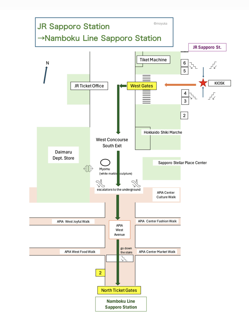 Transfer Route Map from JR Sapporo Station to Namboku Line Sapporo Station
